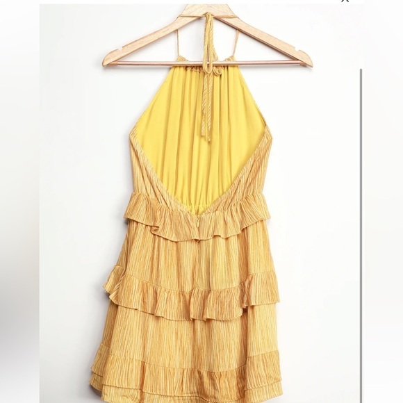 LULUS Dress Downright Darling Mustard Yellow Ruffled Striped Mini Sz L New - Picture 5 of 8